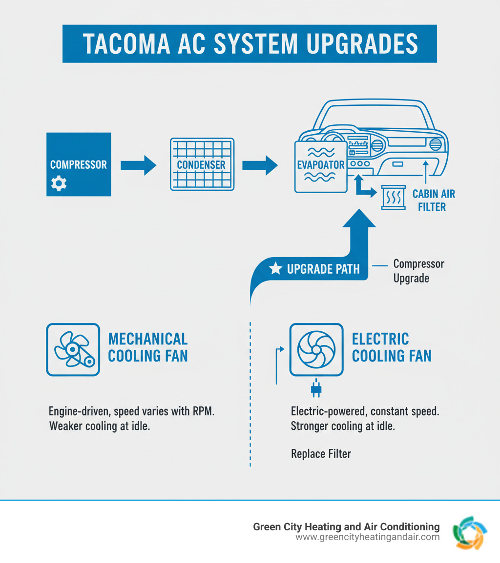 Infographic showing Toyota Tacoma AC system components including compressor, condenser, evaporator, cabin air filter, and the difference between mechanical vs electric cooling fans with arrows indicating airflow patterns and upgrade paths - ac system upgrade tacoma infographic 