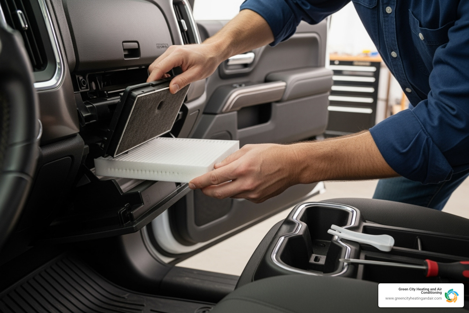 person replacing cabin air filter in truck - ac system upgrade tacoma