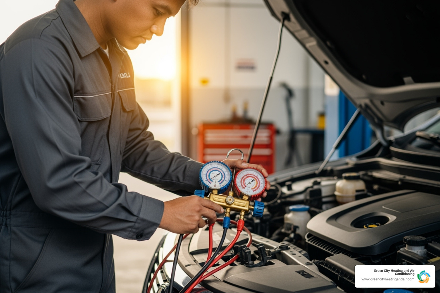 technician using manifold gauges on vehicle AC system - ac system upgrade tacoma