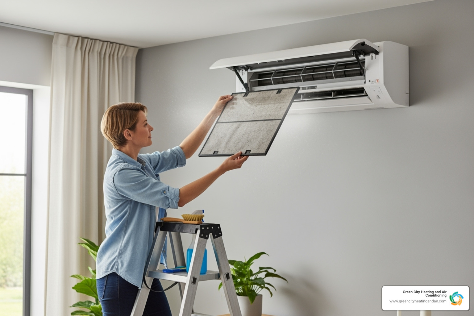 Homeowner cleaning a ductless AC filter - ductless ac repair bellevue Homeowner cleaning a ductless AC filter - ductless ac repair bellevue