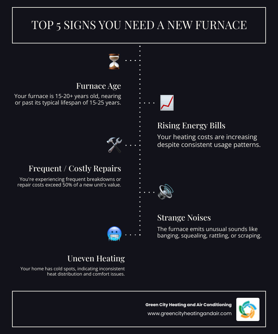 Infographic showing the top 5 warning signs that indicate you need a new furnace: 1) Furnace is 15-20+ years old, 2) Rising energy bills despite consistent usage, 3) Frequent repairs costing more than 50% of replacement value, 4) Strange noises like banging or scraping sounds, 5) Uneven heating with cold spots throughout the home - furnace installation seattle infographic infographic-line-5-steps-dark