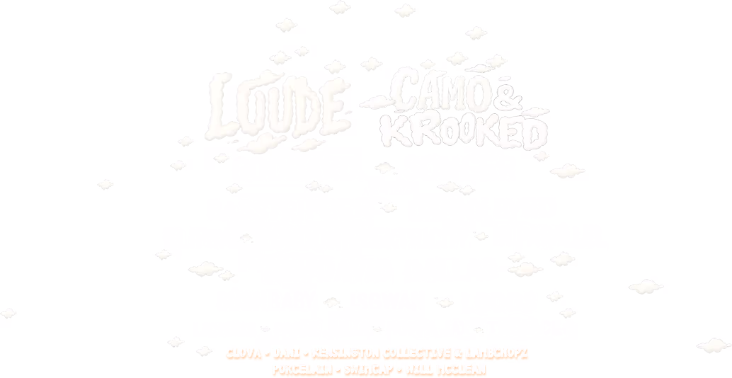 Festival lineup poster with coral/salmon pink background and white text. At the top in large letters: "LUUDE" with "CAMO & KROOKED" to the right. Below that: "GODDARD" and "SONGER". The lineup continues with "A-Z TIERS" followed by artist names arranged in rows: "BASSTRIPPER • DANNY BYRD", "ELIPSA • LONDON ELEKTRICITY • IN PARALLEL", "SPECIAL GUEST DAVID DALLAS", "BUSHBABY • ISGWAN • LOODS", "LGIOUS • PAIGE JULIA • POPPA JAX • TWOFACED". At the bottom in smaller text: "CLOVA • DALI • KENSINGTON COLLECTIVE & LAIDBOYZ PORCELAIN • SPINCAP • WILL MCCLEAN".