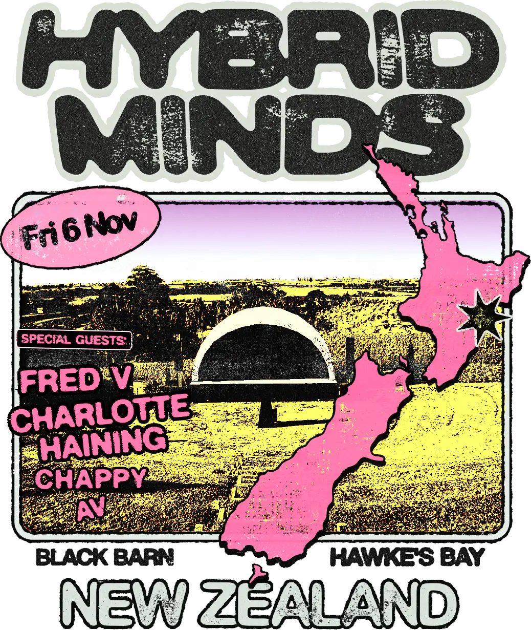 Event poster: Hybrid Minds and Tempza with Fred V, Charlotte Haining, and Chappy & AV. Black Barn, Hawke's Bay, Friday 6 November 2026.