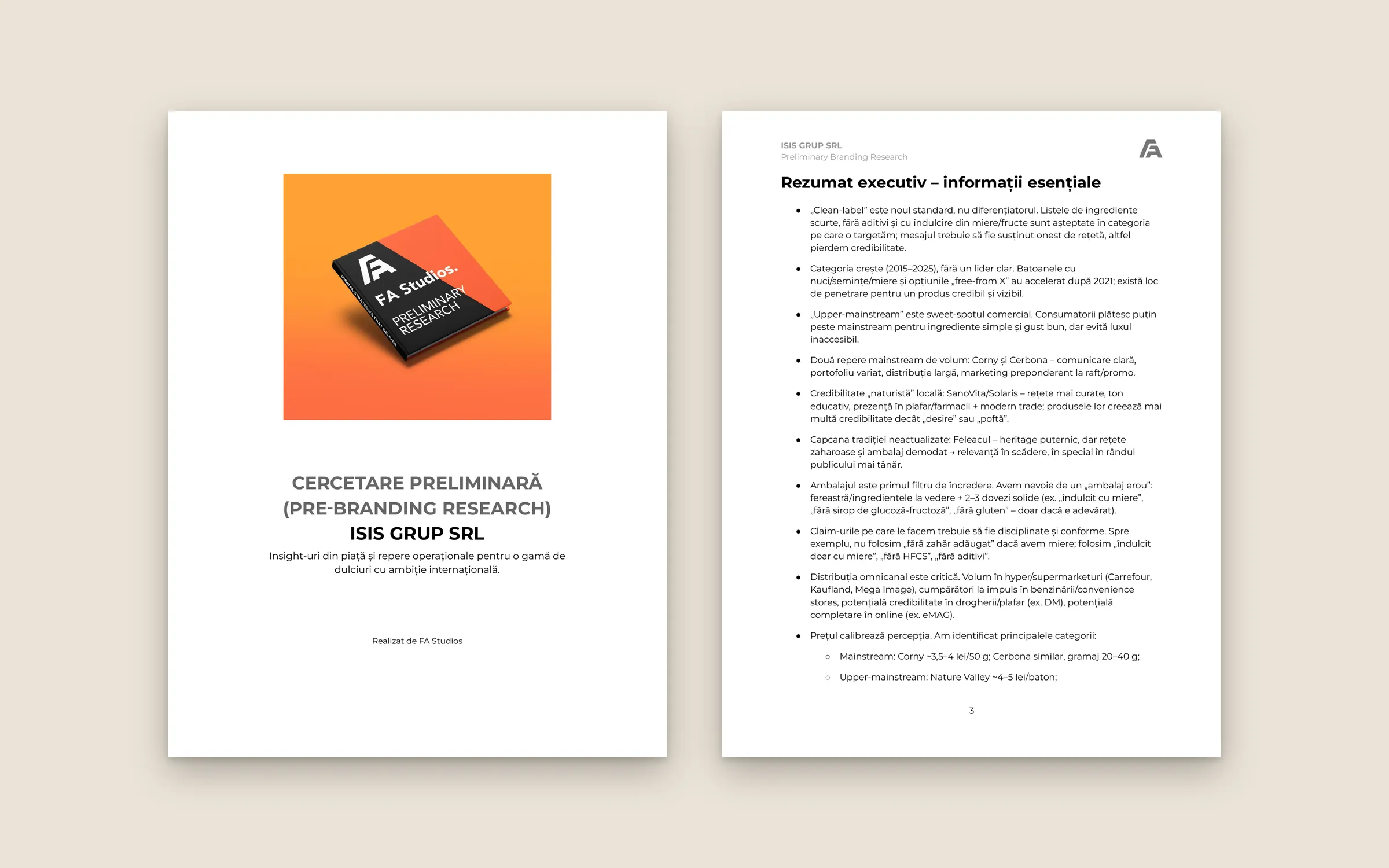 Cover and executive-summary page of FA Studios' preliminary branding research for a Romanian sweets range.