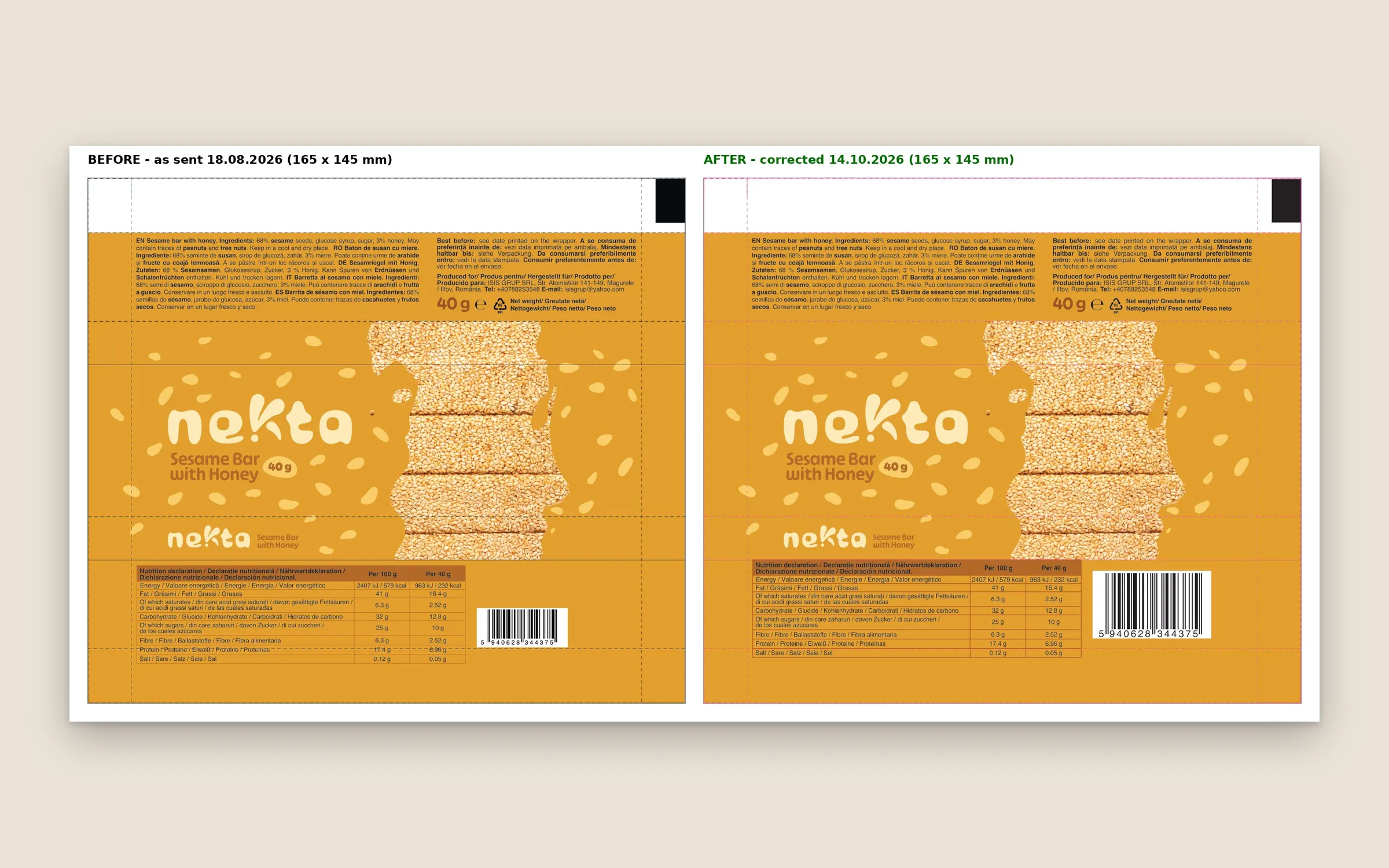 Before and after prepress proof of the sesame-honey wrapper.