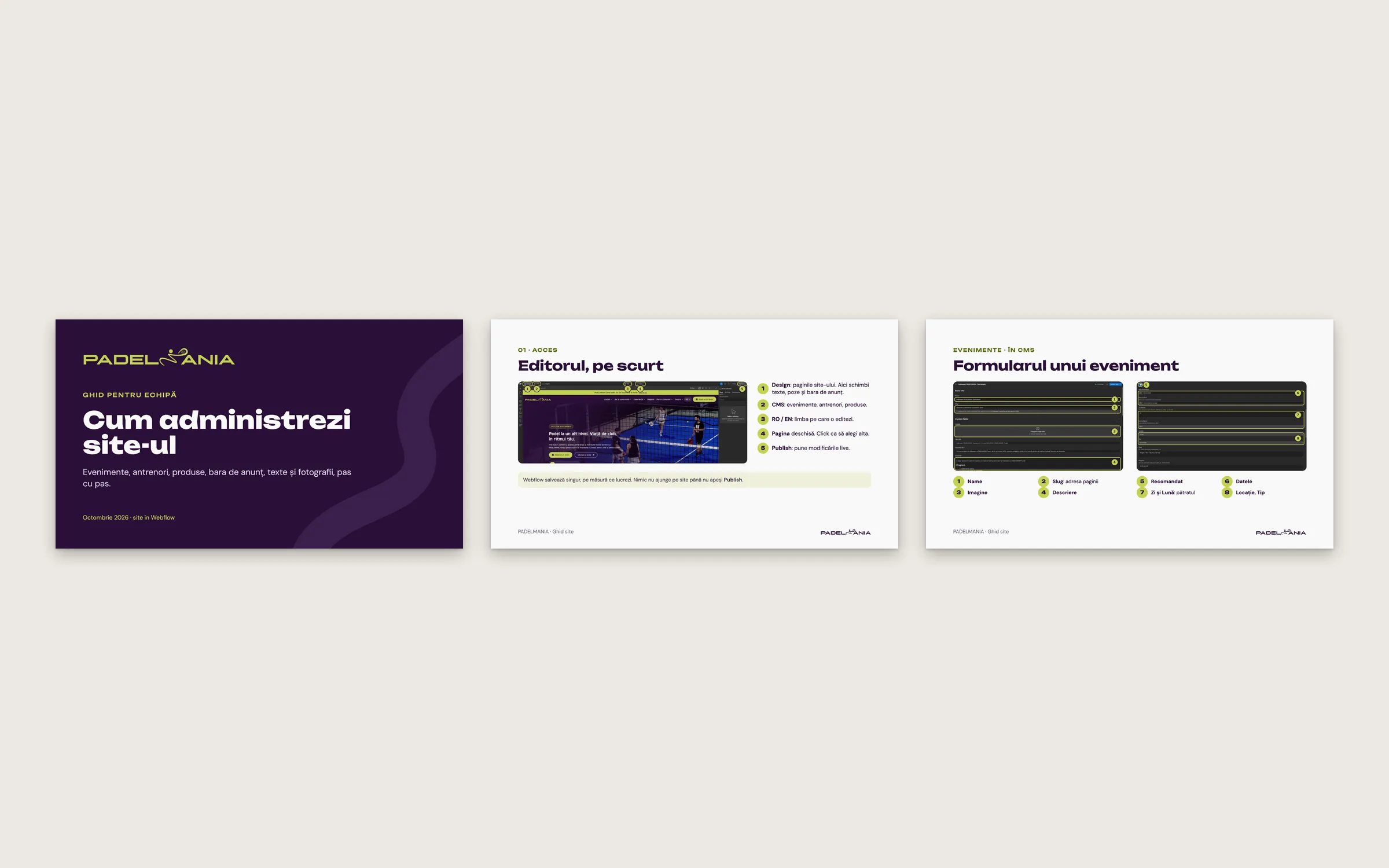 Pages from the website editing guide handed over to the PADELMANIA team.