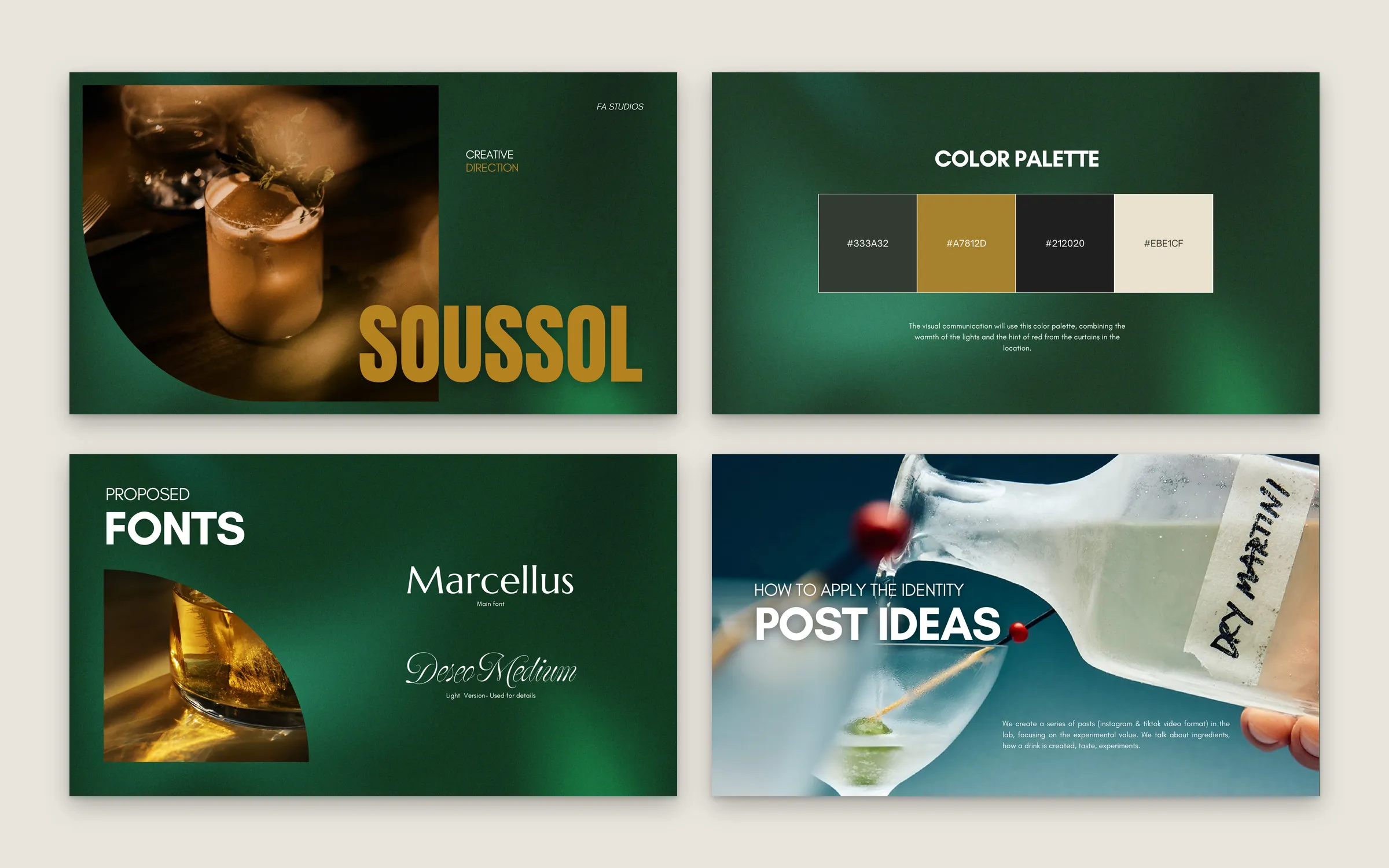 Sous Sol creative-direction board with palette, type and post ideas.