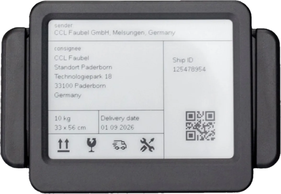 The CCL Faubel Smart Label is a battery-free digital e-paper display with integrated HF/NFC RFID, offering flexible and centralized labeling directly within SAP logistics workflows.