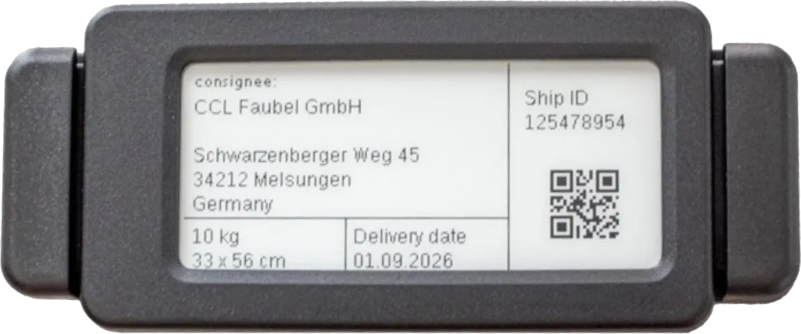 The CCL Faubel Smart Label is a battery-free digital e-paper display with integrated HF/NFC RFID, offering flexible and centralized labeling directly within SAP logistics workflows.
