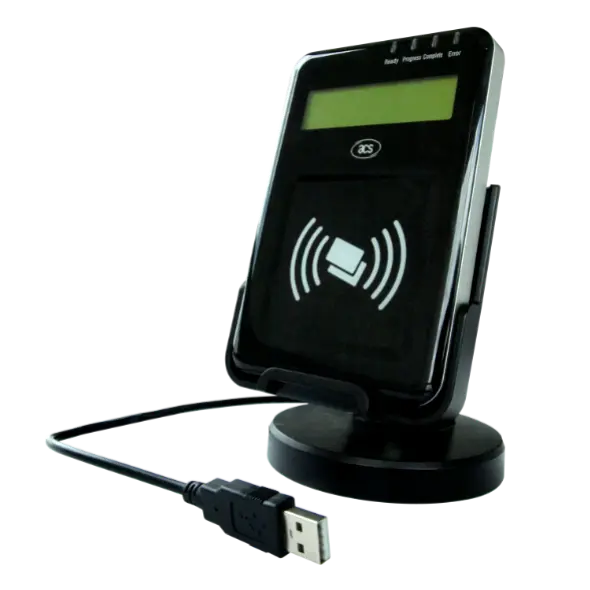 The ACS ACR1222L is a standalone NFC reader terminal featuring 13.56 MHz contactless technology with support for ISO 14443 Type A/B, ISO 18092, MIFARE, and FeliCa, designed for interactive applications requiring user feedback and secure processing. Equipped with a backlit graphic LCD, joystick and button controls, an integrated buzzer, and three ISO 7816-compliant SAM slots, it delivers robust performance for ticketing, loyalty programs, membership systems, transportation, retail, and access control environments. With PC/SC and CCID compliance, extended APDU support, USB-powered operation, and firmware upgradeability, the ACR1222L provides a flexible, secure, and user-friendly NFC platform for modern self-service and authentication deployments.