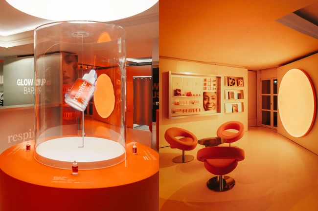Pop-up store The Glow Up House de la marque Respire à Paris, avec un hologramme de 65 cm sous cloche à l'entrée