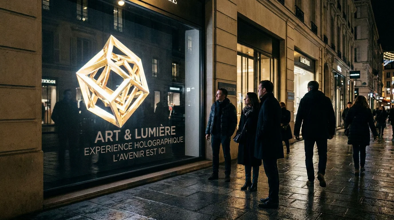 Vitrine de boutique avec projection holographique 3D attirant les passants la nuit