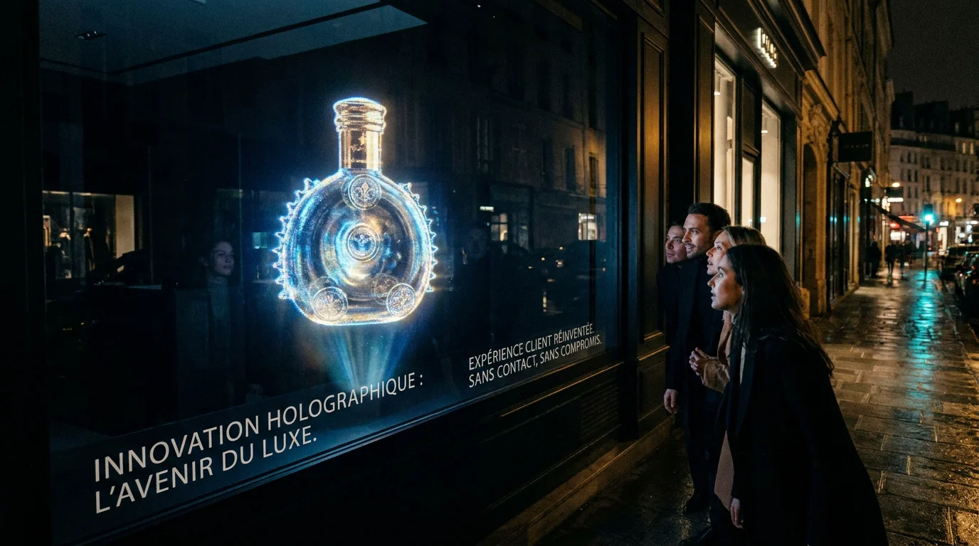 Hologramme 3D flottant dans une vitrine de boutique avec passants fascinés