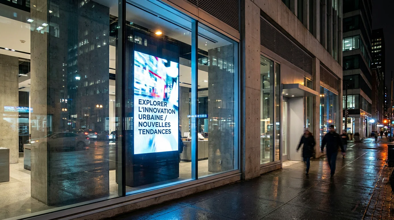 Écran publicitaire numérique installé en vitrine de magasin en centre-ville la nuit