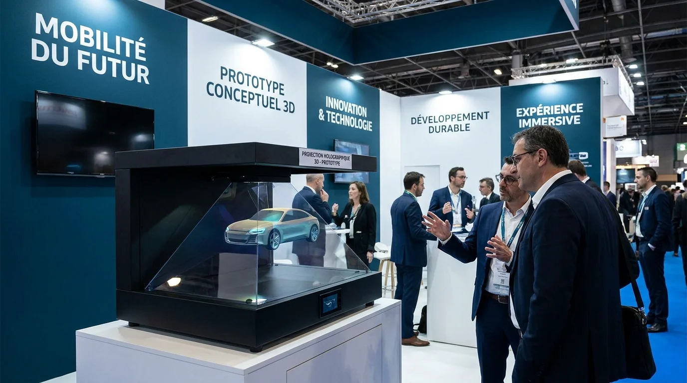 Stand de salon professionnel avec projection holographique attirant l'attention des visiteurs