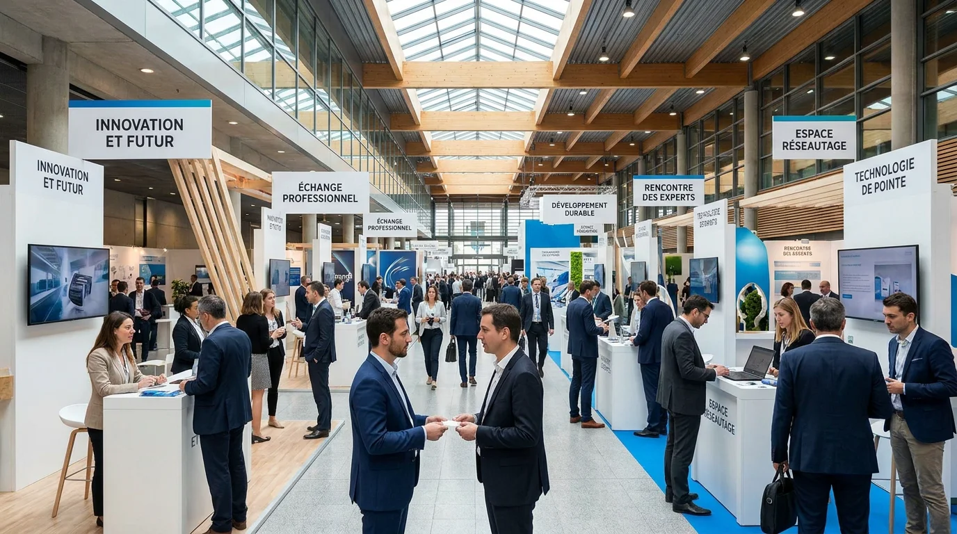 Vue d'ensemble d'un salon professionnel avec stands et visiteurs en pleine discussion