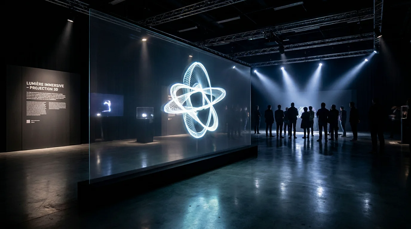 Installation de film holographique projetant une animation 3D dans un espace événementiel professionnel