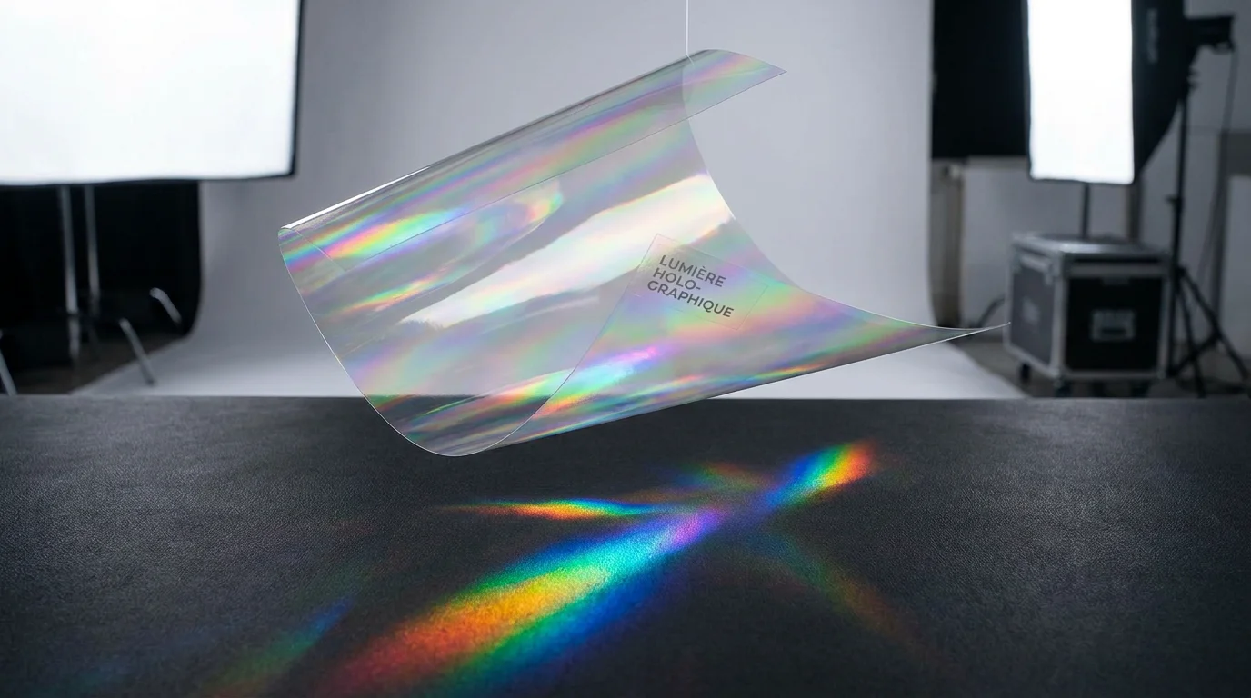 Film holographique transparent avec reflets irisés sous éclairage professionnel