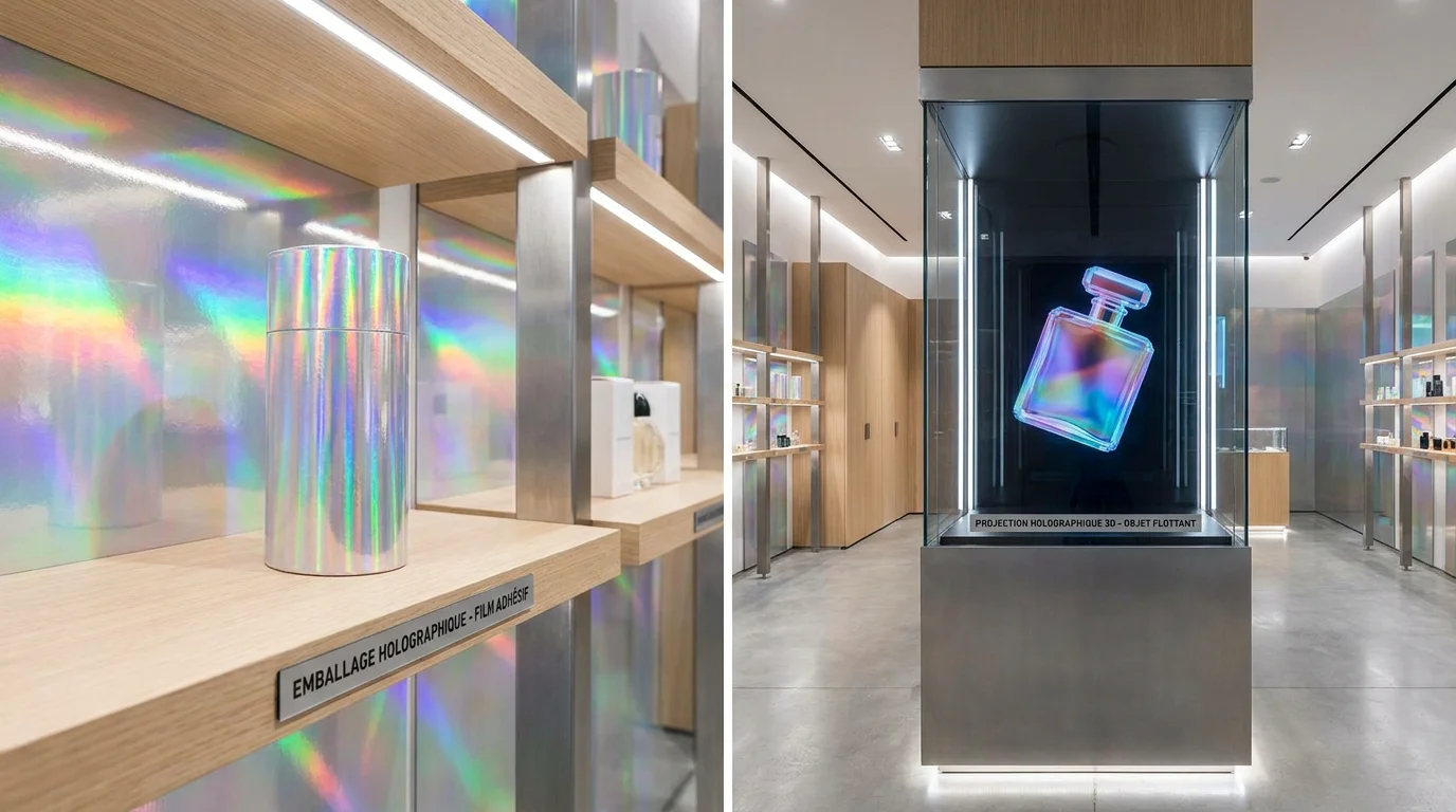 Comparaison entre film adhésif holographique sur packaging et projection holographique en vitrine