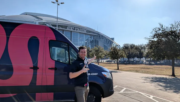 mother modern plumbing van at at&t stadium in arlington, tx