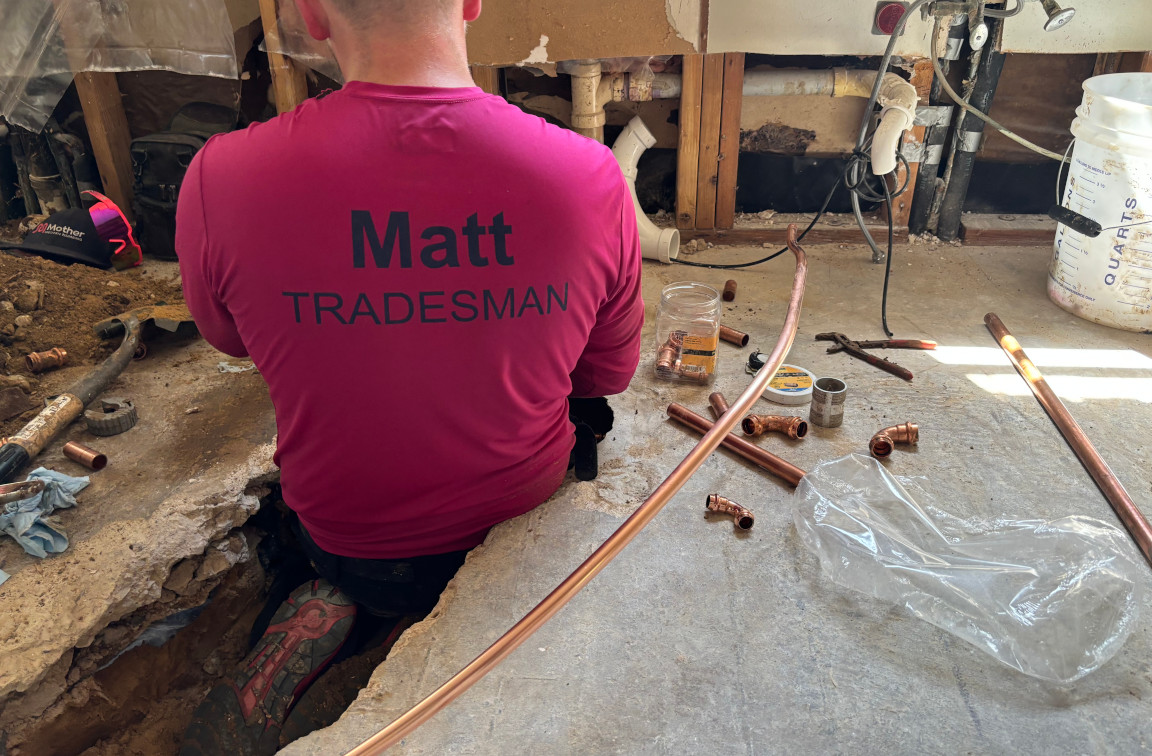 Our plumbers repair a slab leak that caused pooling water under the floorboards, Mother Modern Plumbing