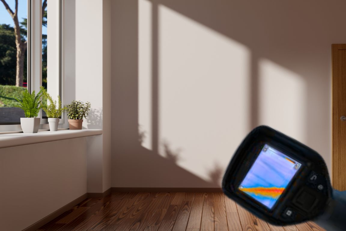 infrared camera displays thermal imaging of water pipe leak in home