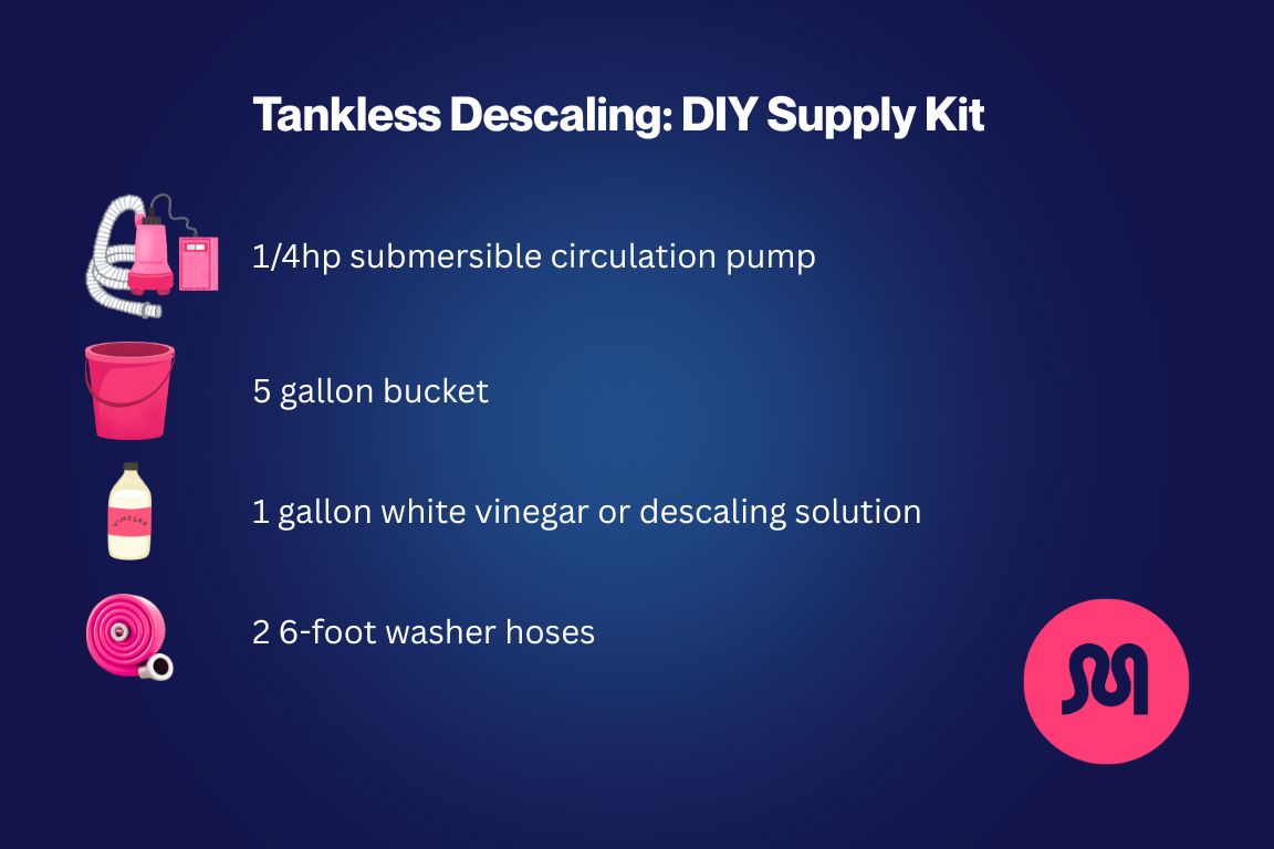 list of supplies needed for DIY tankless water heater descaling