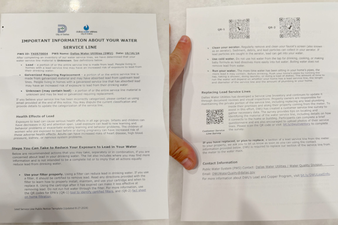 DWU lead pipe advisory letter sent to Dallas residents.