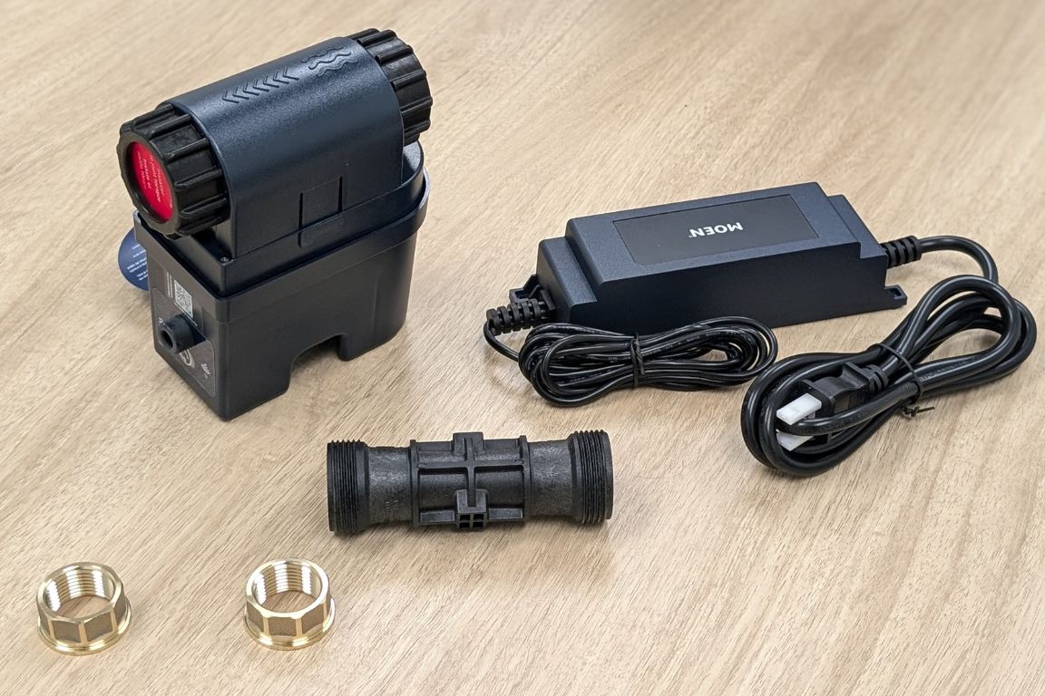 all moen flo components that come in the box, including smart water monitor and adapter