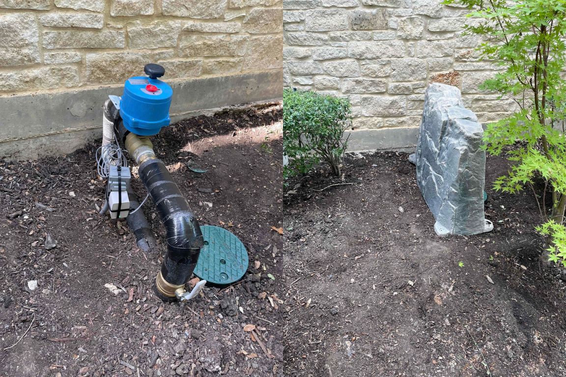 watts leak defense system smart water monitor and shutoff installed under decorative landscaping rock by mother modern plumbing
