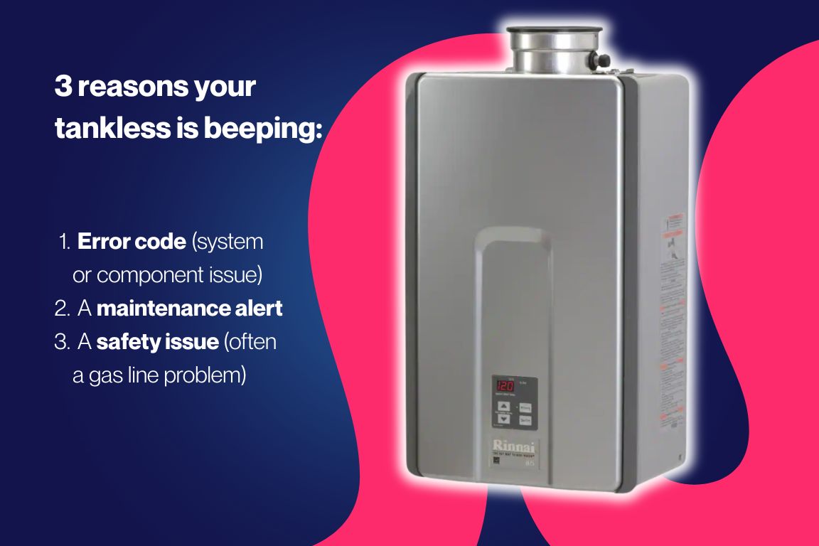 The 3 reasons why your tankless water heater alarm is going off, with a picture of a rinnai tankless heater