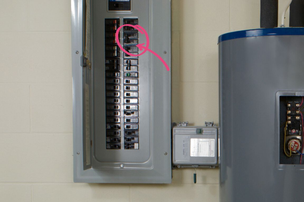 circuit breaker panel next to hot water heater, double-width breaker