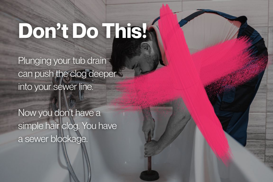 man using plunger on tub drain is making the clog worse, pushing it into the sewer line. DIY plumbing fail