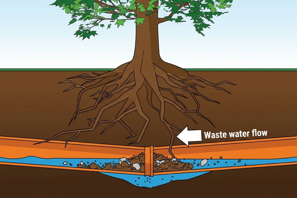 diagram of root intrusions in sewer line causing blockage, cause of sewer smell in bathroom
