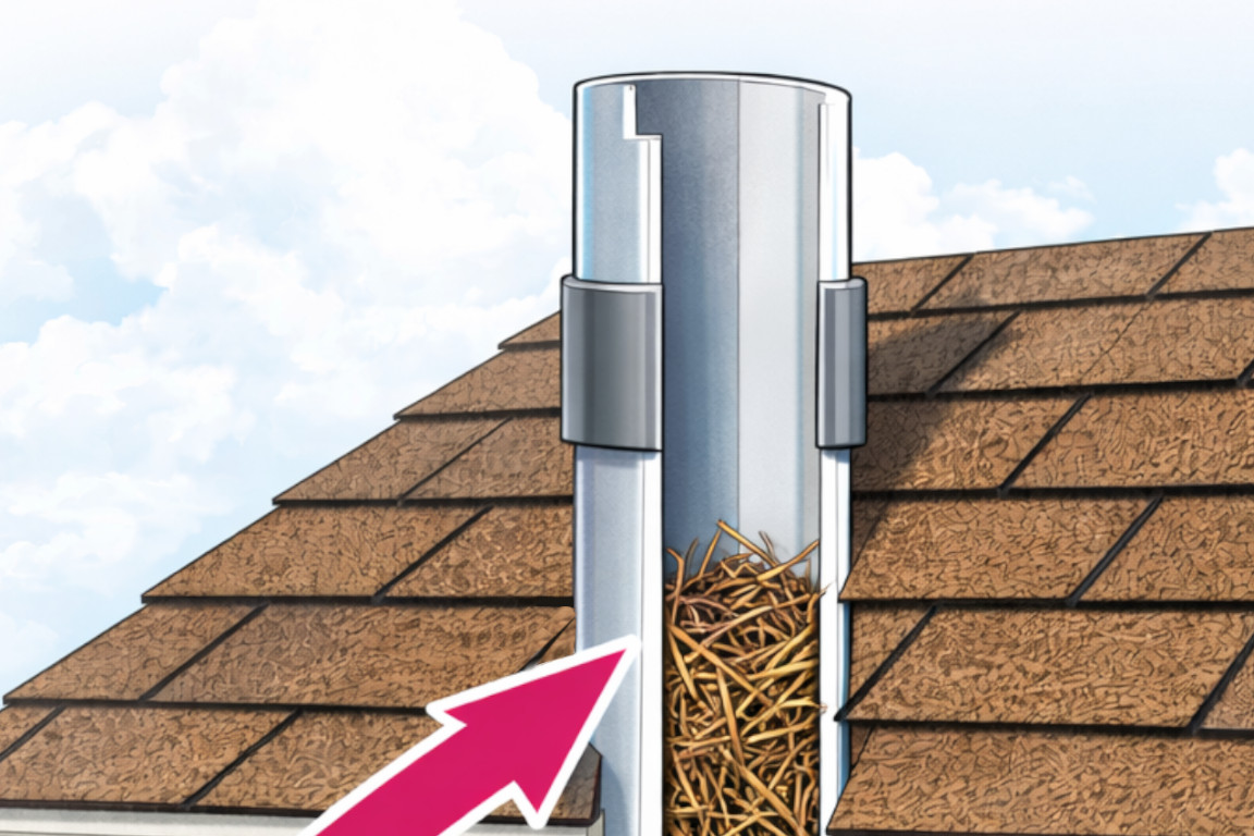 illustration of bird's nest blockage in home sewer vent pipe near roof