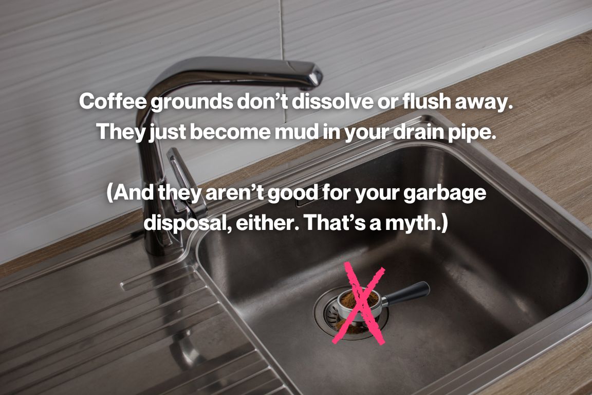 warning image not to pour coffee grounds down the sink