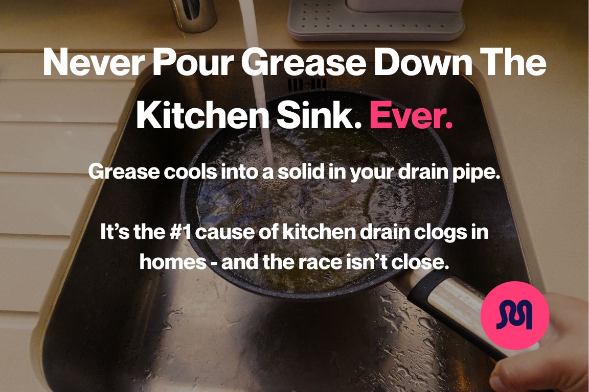 frying pan full of grease being washed in kitchen sink, warning never to pour grease down the sink