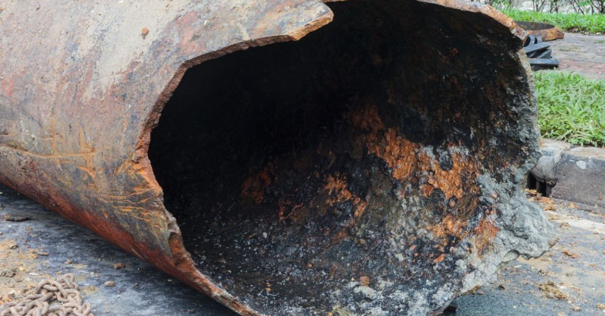excavated cast iron sewer pipe from dallas backyard, showing signs of corrosion and scaling