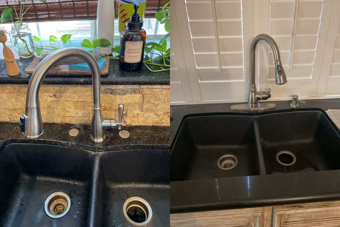 two photos of new faucet installation in kitchen sink, mother modern plumbing in DFW Metroplex