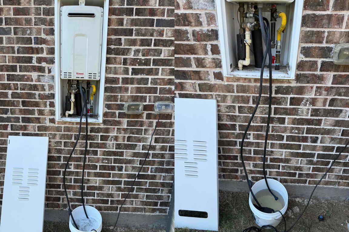 photos of professional descaling service on outdoor tankless water heater in fort worth, tx, mother modern plumbing