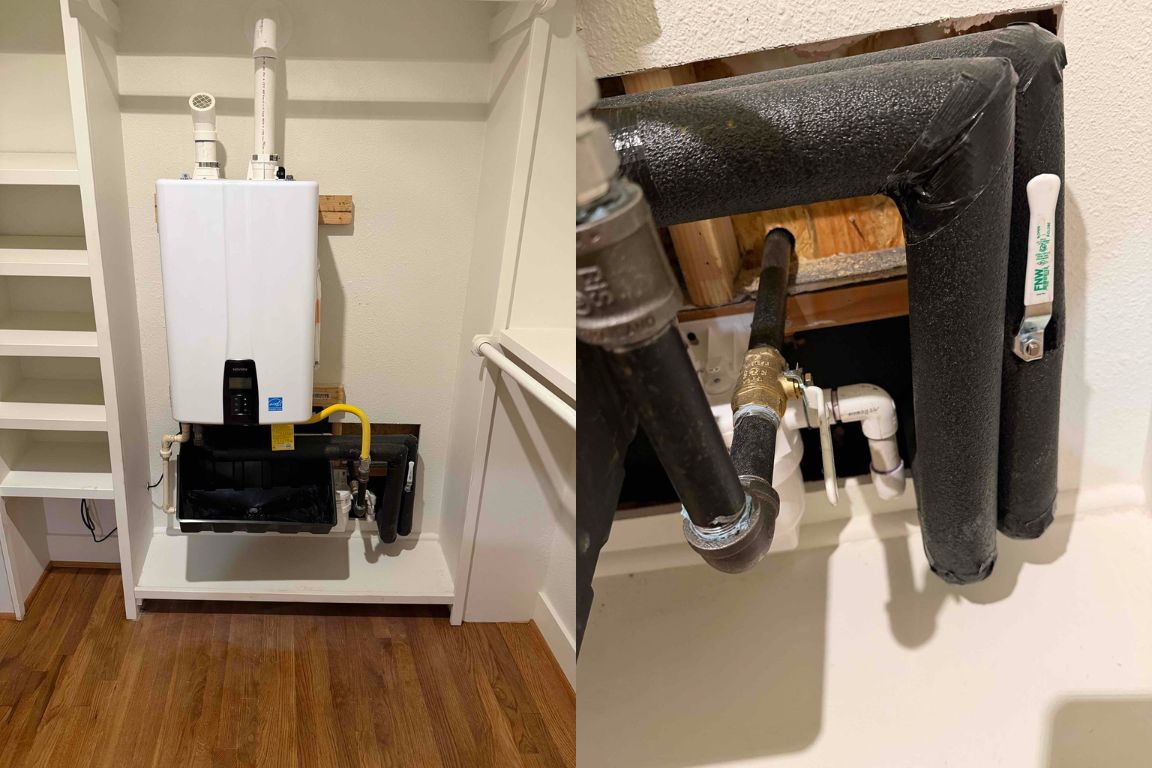photos of tankless water heater repair service on navien unit in fort worth, tx utility closet, mother modern plumbing