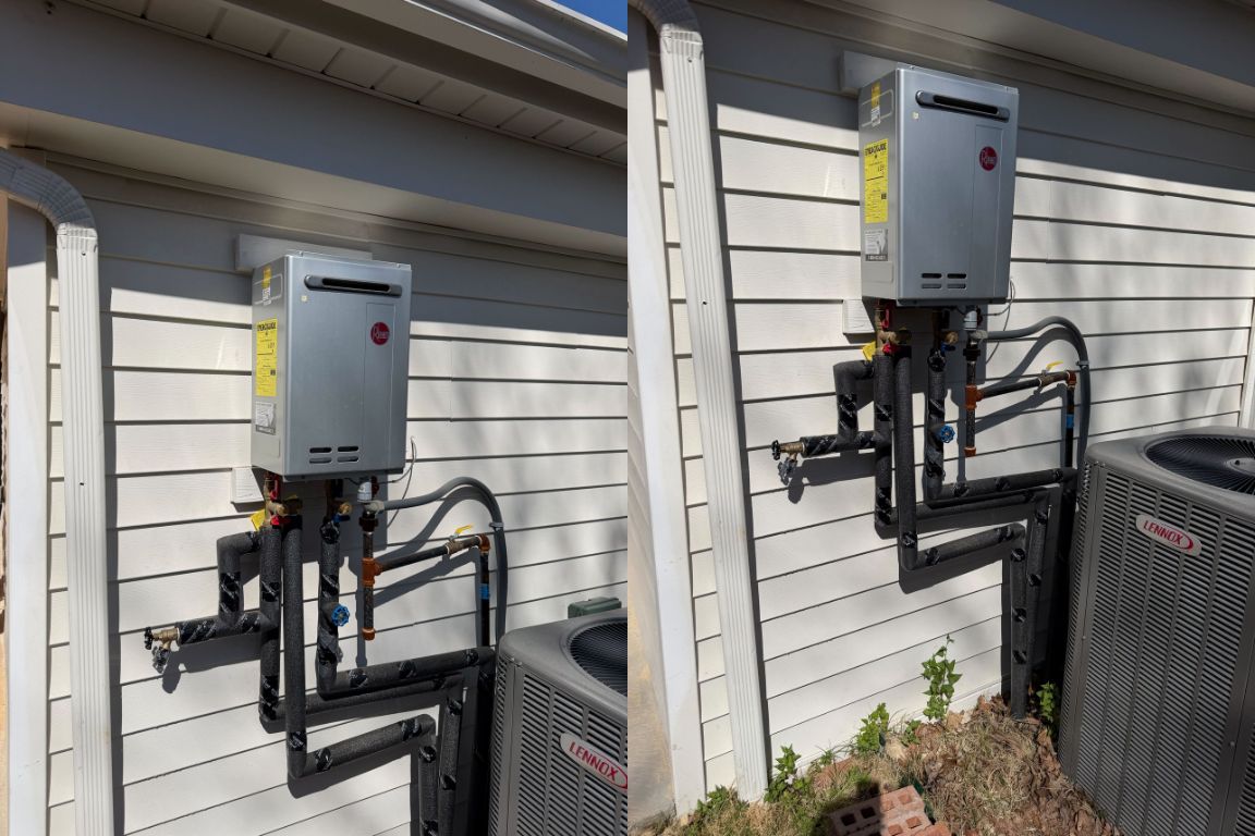 photo of outdoor rheem tankless system before repairs, fort worth texas residence