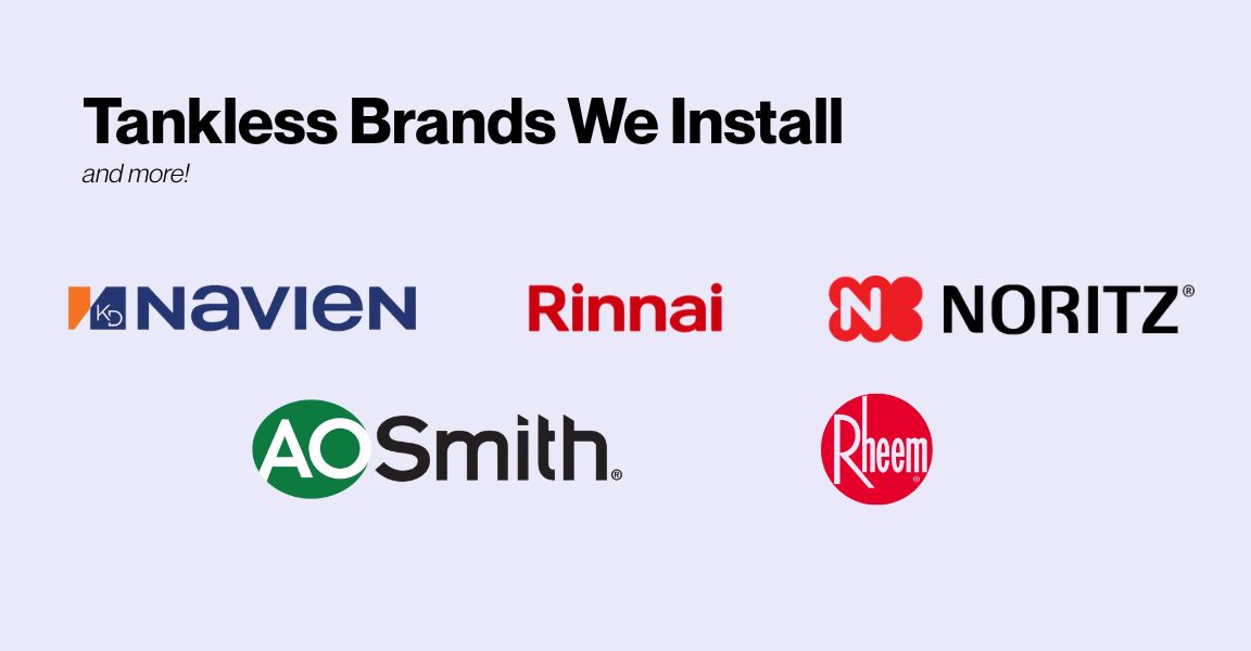 list of tankless water heater brands installed by mother modern plumbing in the dfw metroplex, including navien, rinnai, nortiz, ao smith and rheem