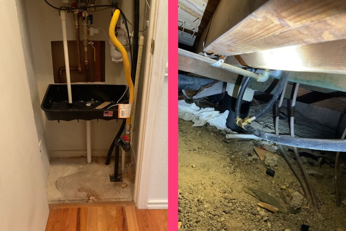 side by side photos of hissing gas line in utility closet, and the leaking gas line underneath the home