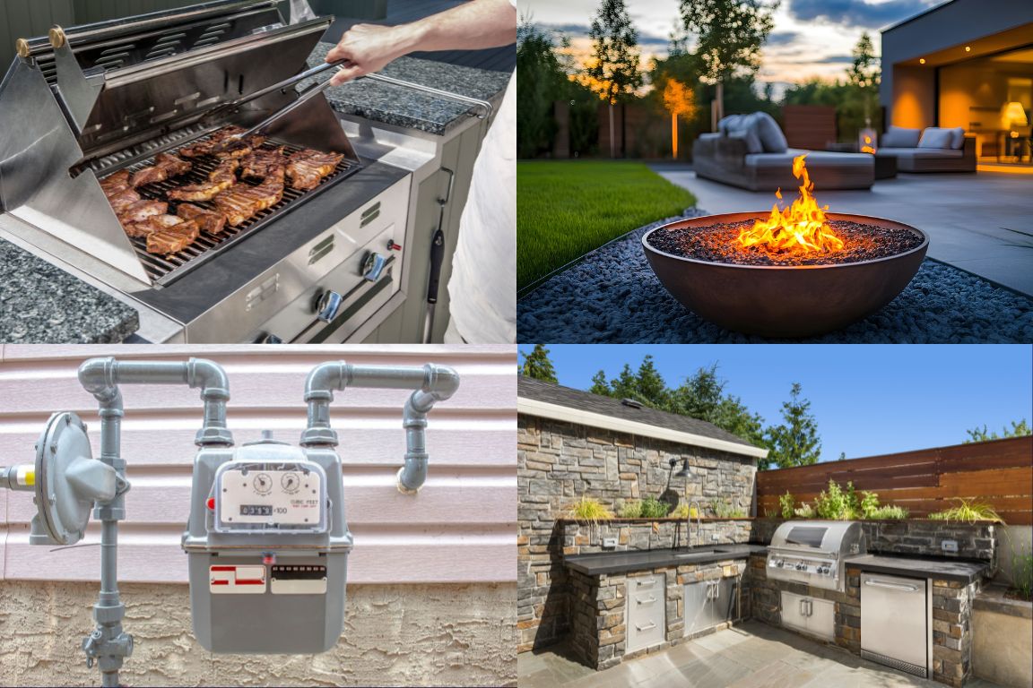 photos of outdoor gas grill, outdoor propane fire pit, gas meter and outdoor kitchen area to display common locations of an outside gas leak at home