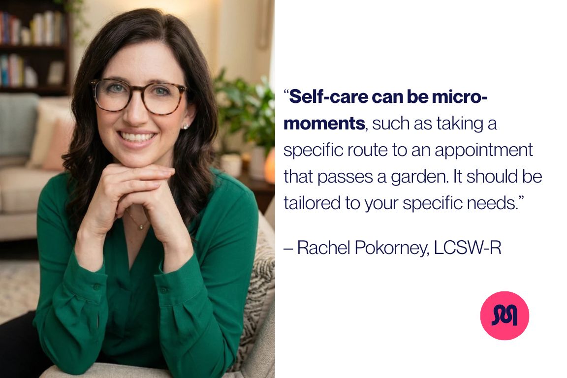 self-care quote by rachel pokorney, lcsw, next to photo of rachel pokorney smiling in green cardigan in her office
