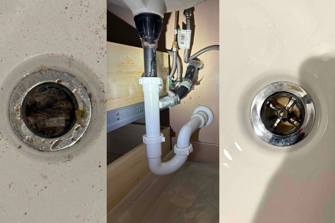 before and after photos of clogged drain repair in dallas tx kitchen sink from mother modern plumbing