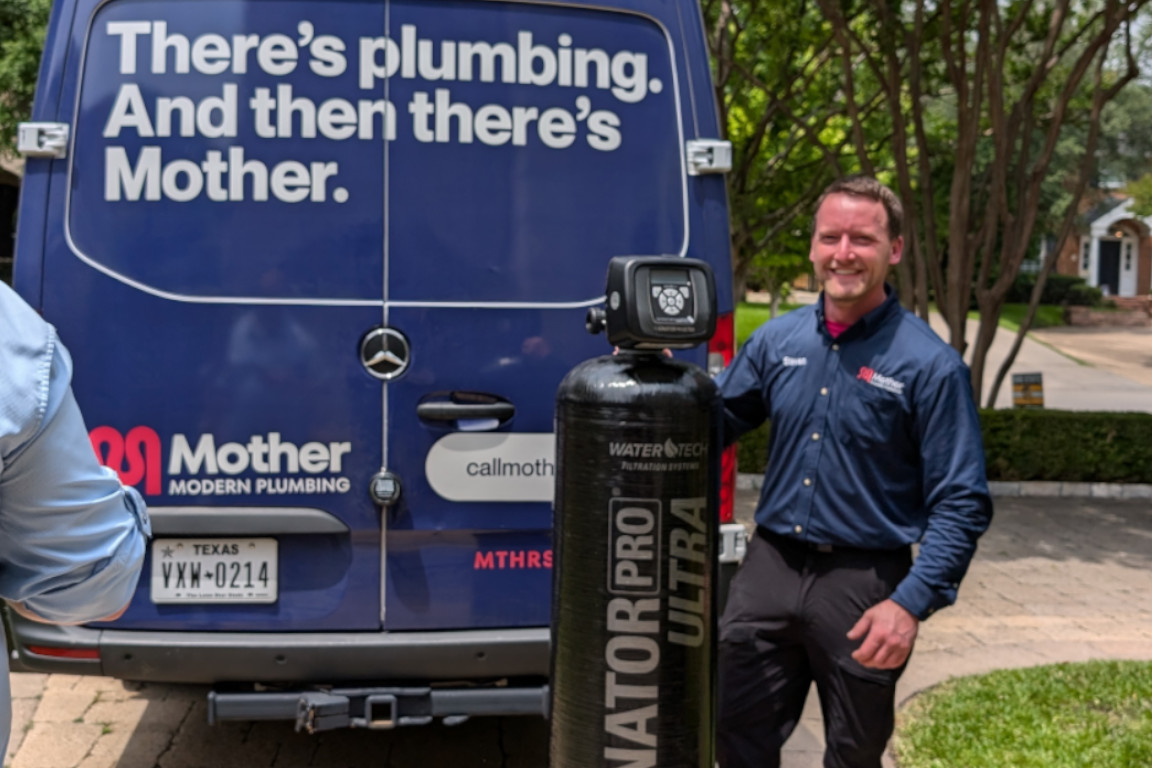Mother Modern Plumbing's Master Plumber arrives at Dallas TX home to install a water softening system