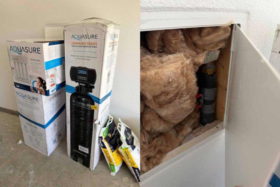 mother modern plumbing replaces aquasure water softening system in utility closet of dallas, texas house