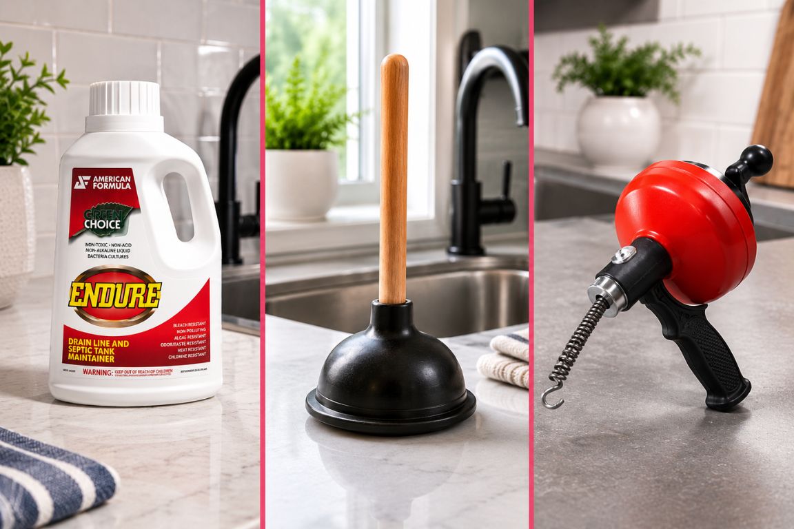 DIY drain cleaning methods on kitchen counters: enzyme drain cleaner, plunger and hand auger drain snake